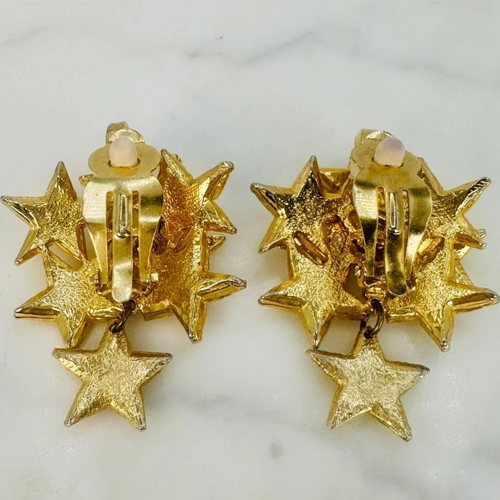 Vintage 80s Star Cluster Earrings Clip On Crystal Disco Glam Articulated Dangle